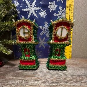 Beaded/ Sequined Festive Green and Red Holiday Clock Ornaments